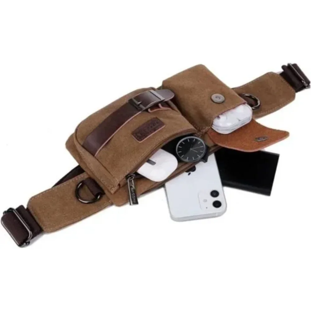 Men's Waist Bag Sports Coffee Canvas Belt Bag - Picture 6 of 8